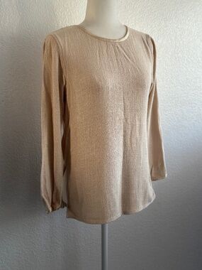 Softwear by Mark Singer Beige Textured Rayon Blouse Small Long Sleeve Minimalist